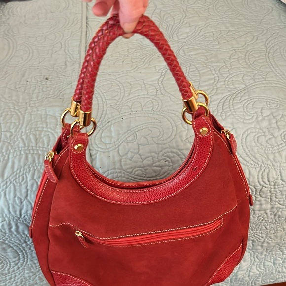 J. McLaughlin Red Suede Bag Leather Braided Handles RARE All Red - Picture 15 of 16